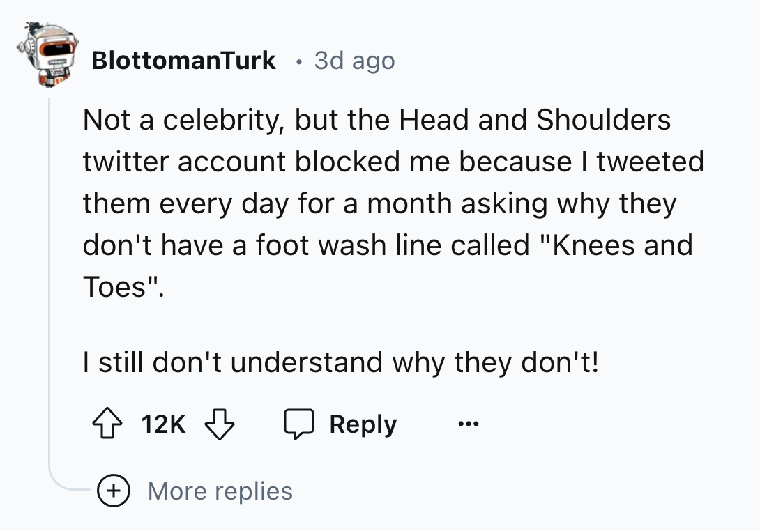 screenshot - BlottomanTurk 3d ago Not a celebrity, but the Head and Shoulders twitter account blocked me because I tweeted them every day for a month asking why they don't have a foot wash line called "Knees and Toes". I still don't understand why they do
